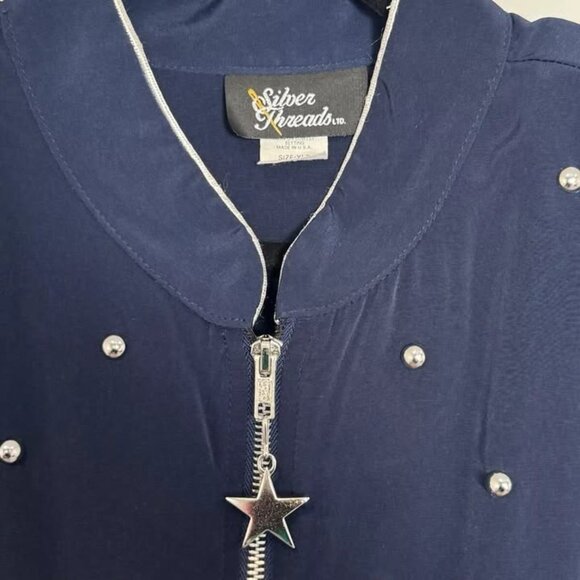 Silver Threads Navy Blue Jacket Size XL Vintage 90s Silver Stars Zip Retro - Picture 3 of 8